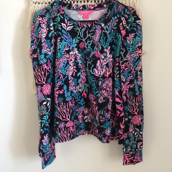 Lilly Pulitzer Jansen Puff Sleeve Sweatshirt Onyx Twilight Coral Medium - Picture 4 of 8